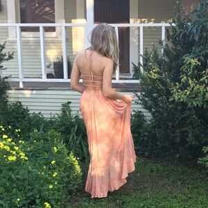 ❤️Backless Peach Smocked Maxi Dress Lace Detail Milkmaid Feminine Cottagecore